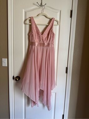 Ever Pretty Blush Pink Lace V-Neck Handkerchief Hem Midi Dress